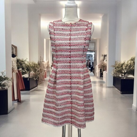 Rebecca Taylor Red & Cream Tweed Pleated Fit & Flair Raw Edge Dress Size 8 - Picture 1 of 13